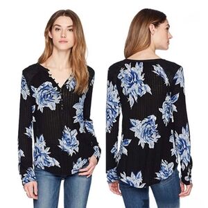 Lucky Brand Floral Blossom Linen Blend  Henley Top Buckle Med